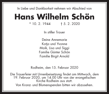 Traueranzeige von Hans Wilhelm Schön von Giessener Allgemeine, Alsfelder Allgemeine