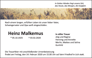 Traueranzeige von Heinz Malkemus von Giessener Allgemeine, Alsfelder Allgemeine