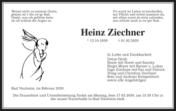 Traueranzeige von Heinz Ziechner von Wetterauer Zeitung