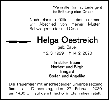 Traueranzeige von Helga Oestreich von Wetterauer Zeitung