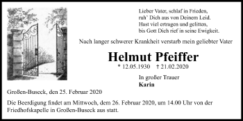 Traueranzeige von Helmut Pfeiffer von Giessener Allgemeine, Alsfelder Allgemeine