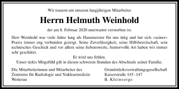 Traueranzeige von Helmuth Weinhold von Wetterauer Zeitung