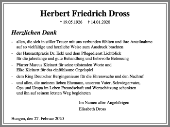 Traueranzeige von Herbert Friedrich Dross von Licher Wochenblatt