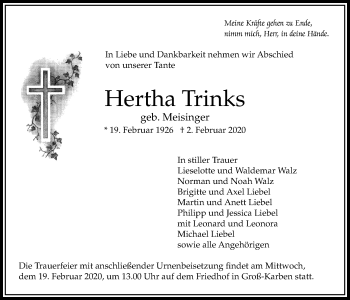 Traueranzeige von Hertha Trinks von Bad Vilbel/Karben