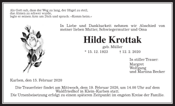 Traueranzeige von Hilde Krottak von Wetterauer Zeitung