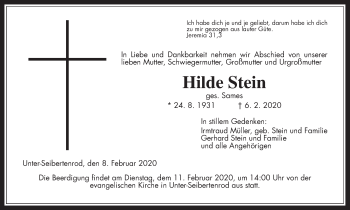 Traueranzeige von Hilde Stein von Giessener Allgemeine, Alsfelder Allgemeine