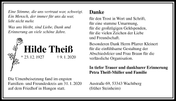Traueranzeige von Hilde Theiß von Licher Wochenblatt