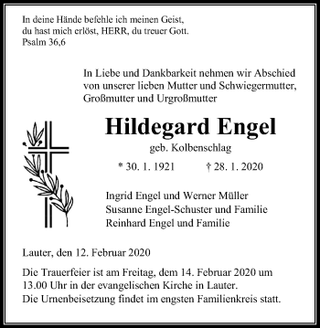 Traueranzeige von Hildegard Engel von Giessener Allgemeine, Alsfelder Allgemeine