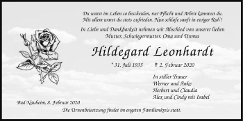 Traueranzeige von Hildegard Leonhardt von Wetterauer Zeitung