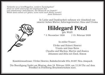 Traueranzeige von Hildegard Pötzl von Wetterauer Zeitung