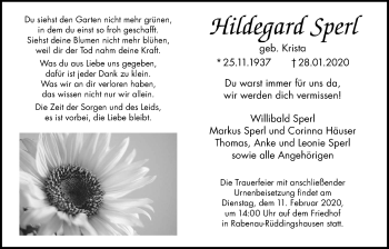 Traueranzeige von Hildegard Sperl von Rabenauer Zeitung