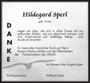 Traueranzeige von Hildegard Sperl von Rabenauer Zeitung