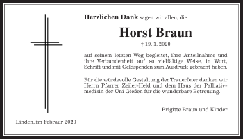 Traueranzeige von Horst Braun von Giessener Allgemeine, Alsfelder Allgemeine