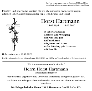 Traueranzeige von Horst Hartmann von Giessener Allgemeine, Alsfelder Allgemeine