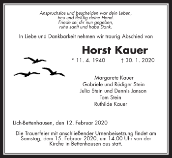 Traueranzeige von Horst Kauer von Giessener Allgemeine, Alsfelder Allgemeine