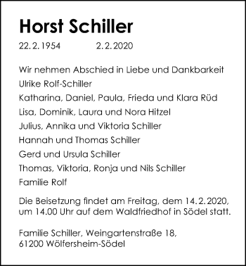 Traueranzeige von Horst Schiller von Wetterauer Zeitung