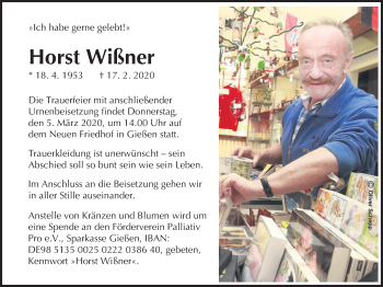 Traueranzeige von Horst Wißner von Giessener Allgemeine, Alsfelder Allgemeine