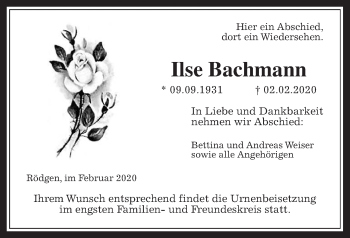 Traueranzeige von Ilse Bachmann von Wetterauer Zeitung