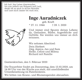 Traueranzeige von Inge Auradniczek von Laubacher Anzeiger