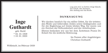 Traueranzeige von Inge Guthardt von Wetterauer Zeitung