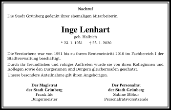Traueranzeige von Inge Lenhart von Giessener Allgemeine, Alsfelder Allgemeine