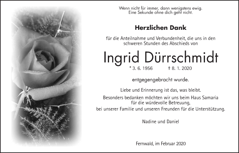  Traueranzeige für Ingrid Dürrschmidt vom 15.02.2020 aus Giessener Allgemeine, Alsfelder Allgemeine