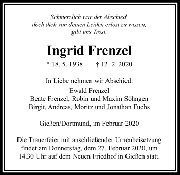 Traueranzeige von Ingrid Frenzel von Giessener Allgemeine, Alsfelder Allgemeine