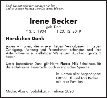 Traueranzeige von Irene Becker von Giessener Allgemeine, Alsfelder Allgemeine