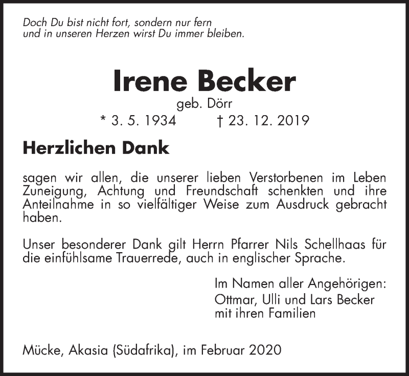  Traueranzeige für Irene Becker vom 08.02.2020 aus Giessener Allgemeine, Alsfelder Allgemeine
