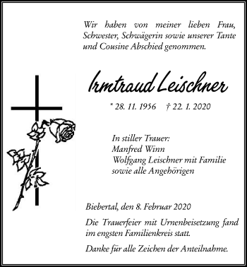 Traueranzeige von Irmtraud Leischner von Giessener Allgemeine, Alsfelder Allgemeine