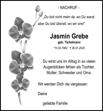Traueranzeige von Jasmin Grebe von Giessener Allgemeine, Alsfelder Allgemeine