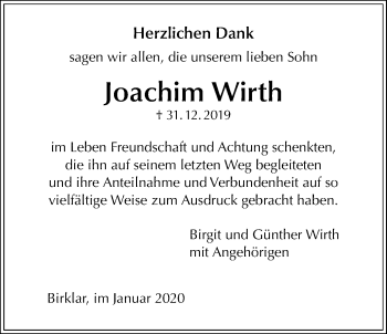 Traueranzeige von Joachim Wirth von Licher Wochenblatt