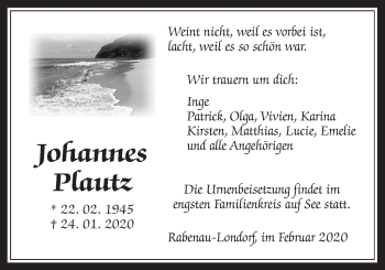 Traueranzeige von Johannes Plautz von Giessener Allgemeine, Alsfelder Allgemeine