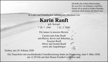 Traueranzeige von Karin Ranft von Giessener Allgemeine, Alsfelder Allgemeine