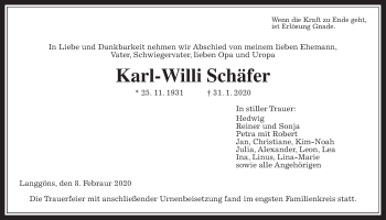 Traueranzeige von Karl-Willi Schäfer von Giessener Allgemeine, Alsfelder Allgemeine