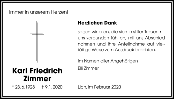Traueranzeige von Karl Friedrich Zimmer von Licher Wochenblatt