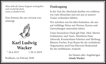 Traueranzeige von Karl Ludwig Wacker von Licher Wochenblatt