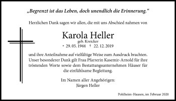 Traueranzeige von Karola Heller von Giessener Allgemeine, Alsfelder Allgemeine