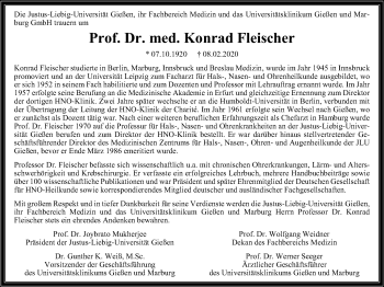 Traueranzeige von Konrad Fleischer von Giessener Allgemeine, Alsfelder Allgemeine