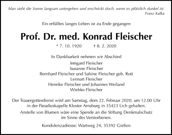 Traueranzeige von Konrad Fleischer von Giessener Allgemeine, Alsfelder Allgemeine
