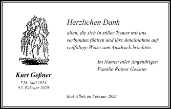 Traueranzeige von Kurt Geßner von Bad Vilbel/Karben