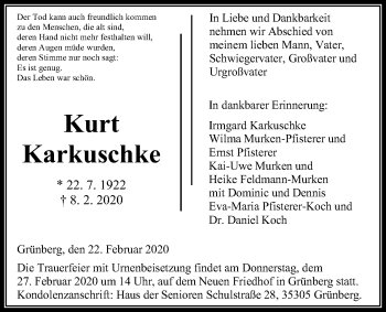 Traueranzeige von Kurt Karkuschke von Giessener Allgemeine, Alsfelder Allgemeine