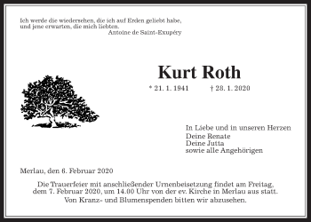 Traueranzeige von Kurt Roth von Mücker Stimme