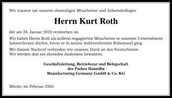 Traueranzeige von Kurt Roth von Alsfelder Allgemeine
