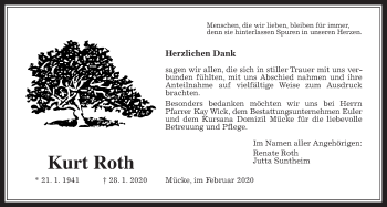 Traueranzeige von Kurt Roth von Alsfelder Allgemeine, Mücker Stimme