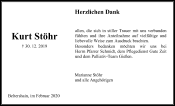 Traueranzeige von Kurt Stöhr von Giessener Allgemeine, Alsfelder Allgemeine