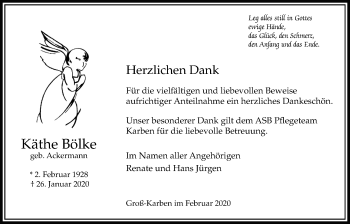 Traueranzeige von Käthe Bölke von Bad Vilbel/Karben