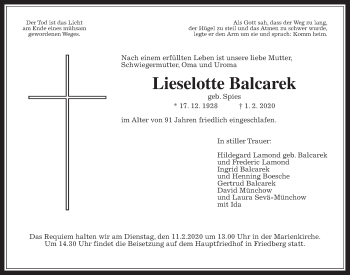 Traueranzeige von Lieselotte Balcarek von Wetterauer Zeitung