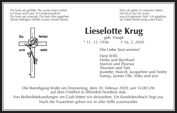 Traueranzeige von Lieselotte Krug von Giessener Allgemeine, Alsfelder Allgemeine