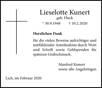 Traueranzeige von Lieselotte Kunert von Licher Wochenblatt